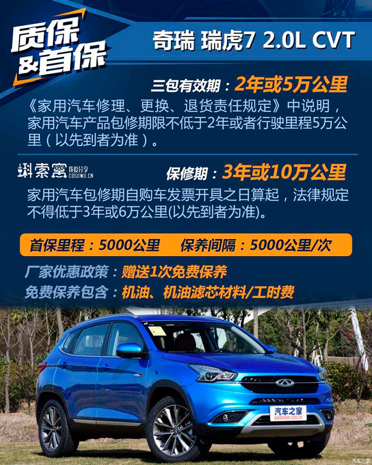 奇瑞瑞虎7保養周期和保修期是多少？